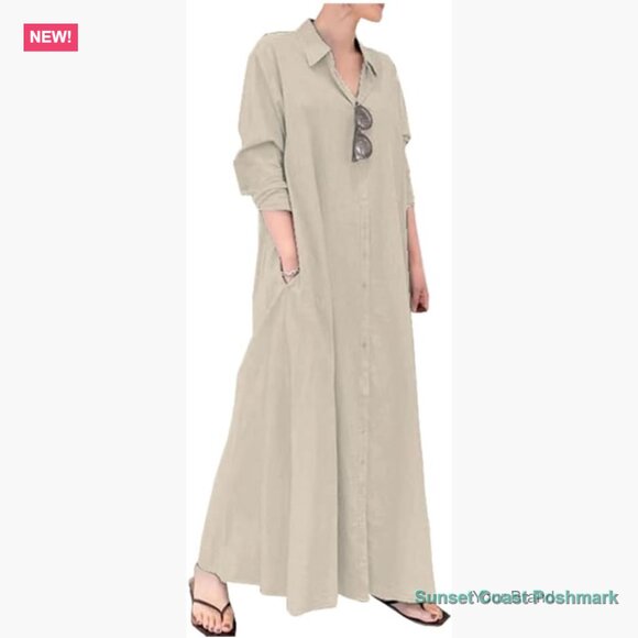 Dresses & Skirts - Button Down Cotton Linen Maxi Shirtdress Long Sleeve Casual Beach Dress